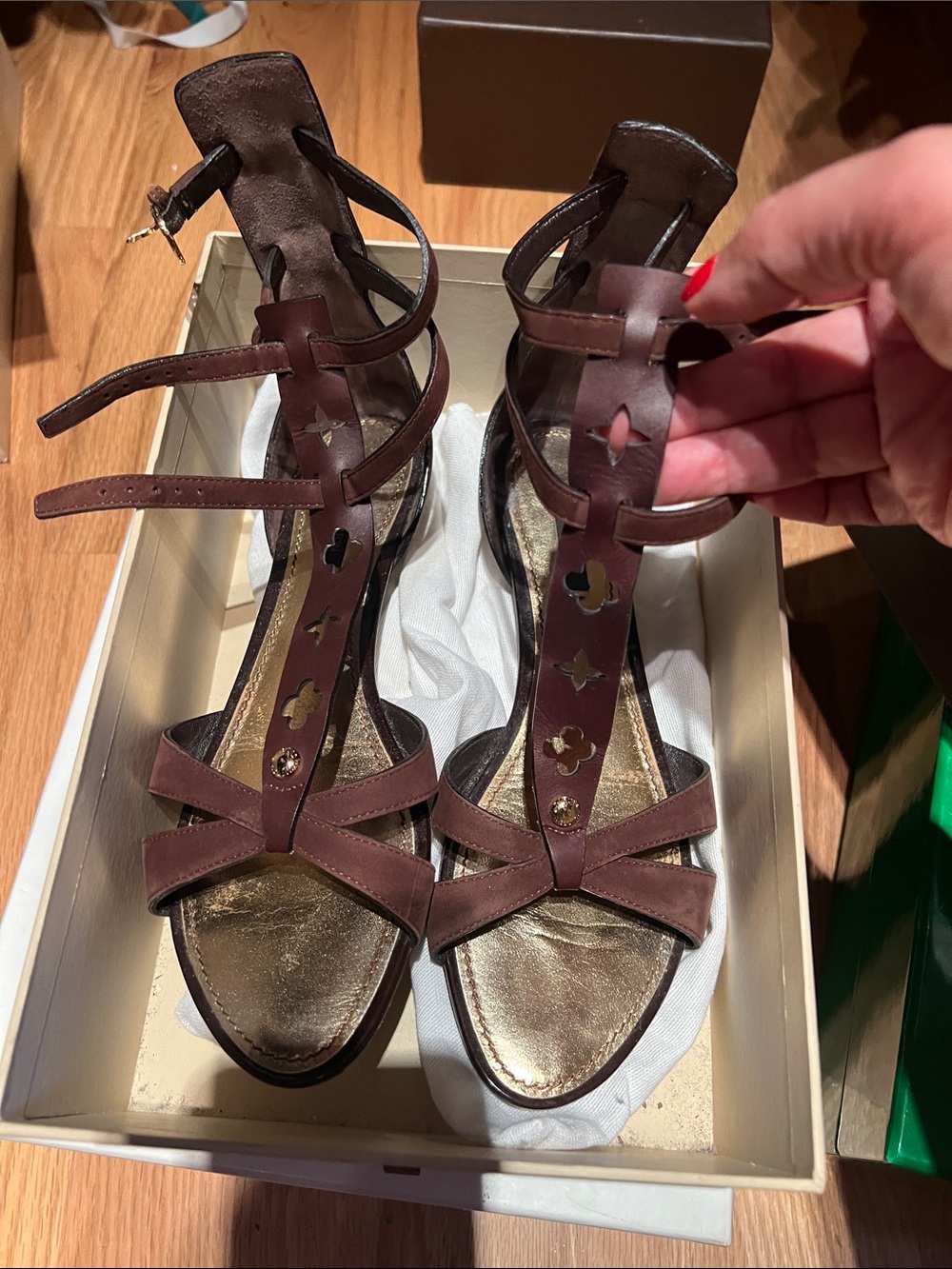 Louis Vuitton Brown Leather T-Strap Sandals with Cutout Motif